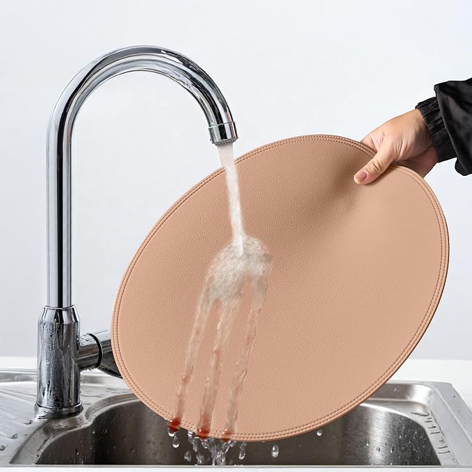 Round Vinyl Pink Placemats Set of 6, Faux Leather Waterproof Wipeable Heat - Image 7