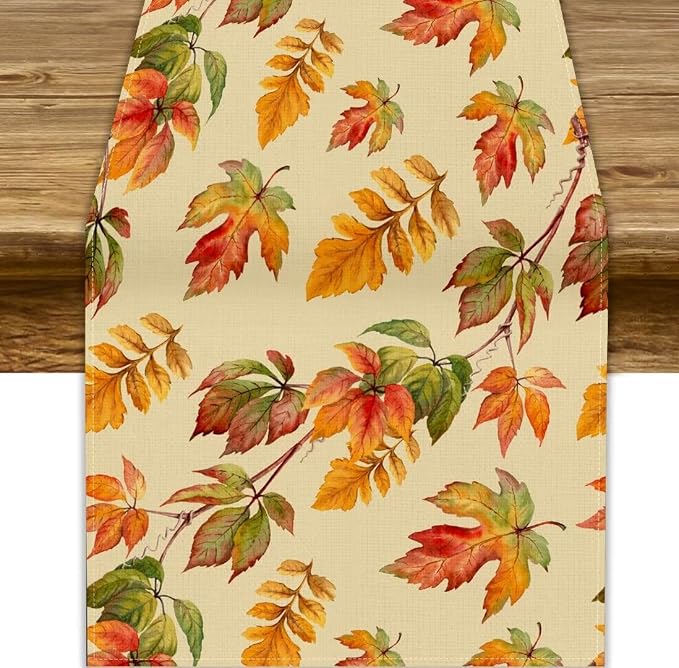 Fall Table Runner, Autumn Orange Yellow Maple Leaves Rustic Thanksgiving by JanJCurt