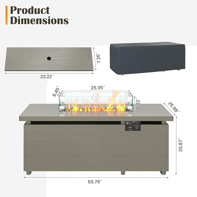 Sundale Outdoor 51 Inch Outdoor Fire Pit Table, 000BTU Rectangle Propane Fire - Image 7