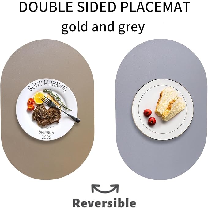 Oval Faux Leather Placemats Set of 6, Reversible PU Placemat - Image 2