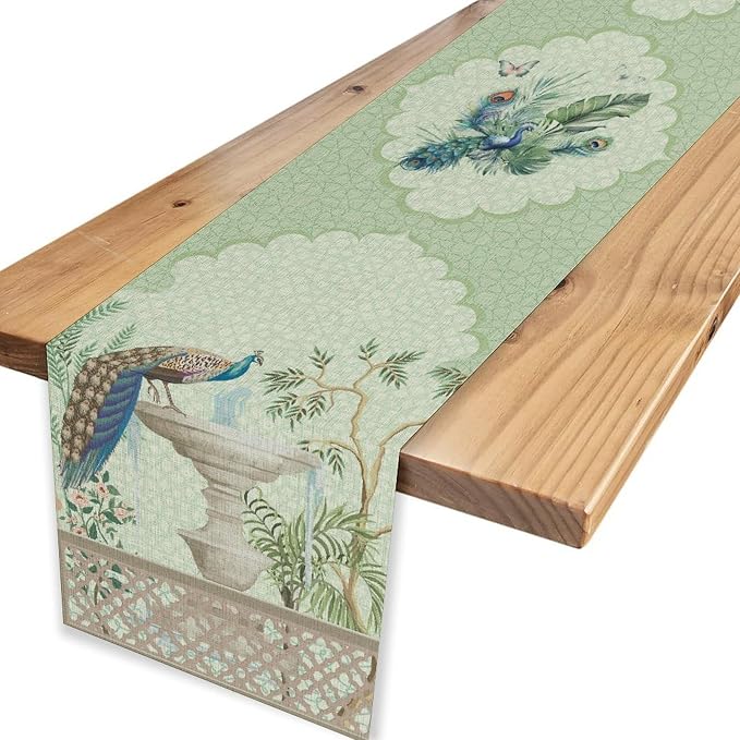 Blue Peacock Table Runner, Vintage Rustic Fountain Tropical Plant Peacock - Image 6