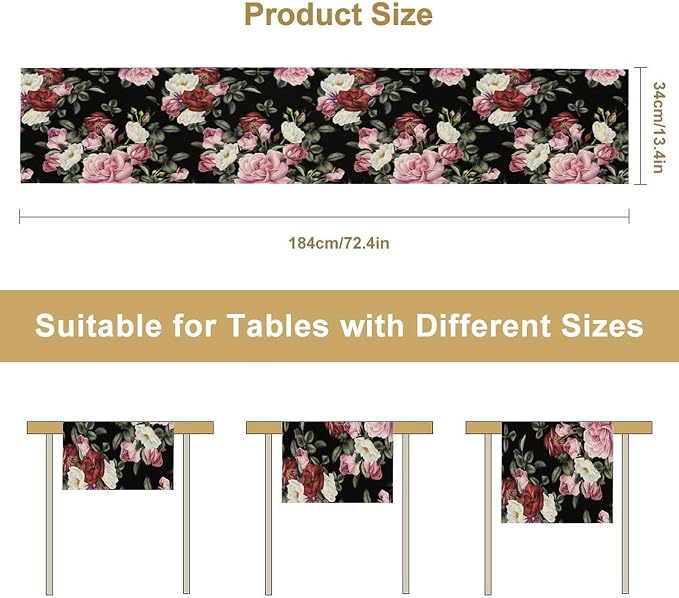 Gothic Floral Table Runner, Vintage Pink Red Rose Flower Print Table Runner - Image 8
