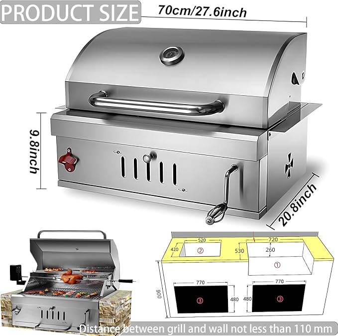 28 Inch Built In Charcoal Grills, Stainless Steel Charcoal bbq Grill Built In - Image 3