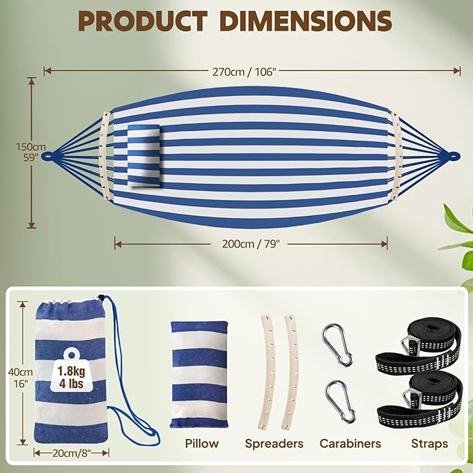 Cotton Camping Hammock with Pole, Blue and White Stripes, 106 x 59 in