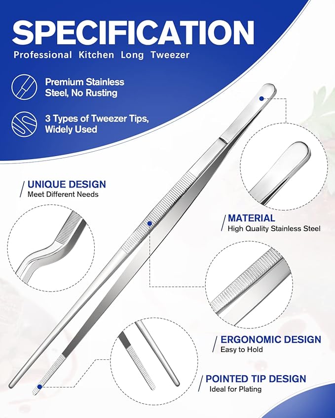 Tongs Set of 3 Designs, 10 Inch 304 Stainless Steel, Silver