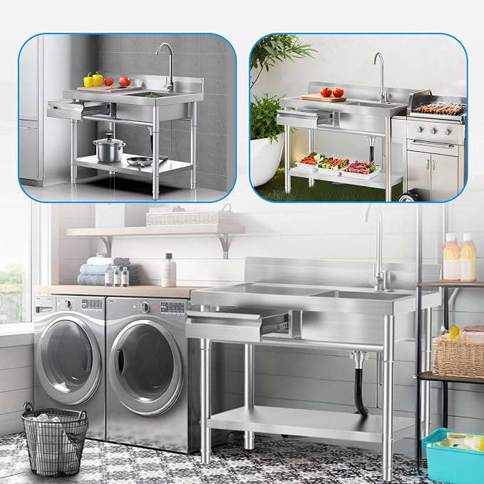 Utility Sink, Commercial Kitchen Stainless Steel Sink, 39.5'' Free Standing - Image 7