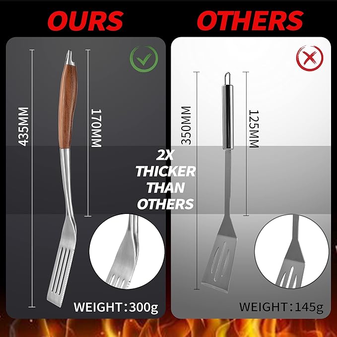 Heavy-Duty Rose Wooden BBQ Grilling Tools Set. Extra Thick Stainless Steel - Image 3