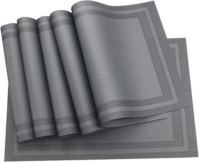 Gugrida Placemats Set of 6 Plaid Checkered Silver Grey PVC Placemat - Image 5