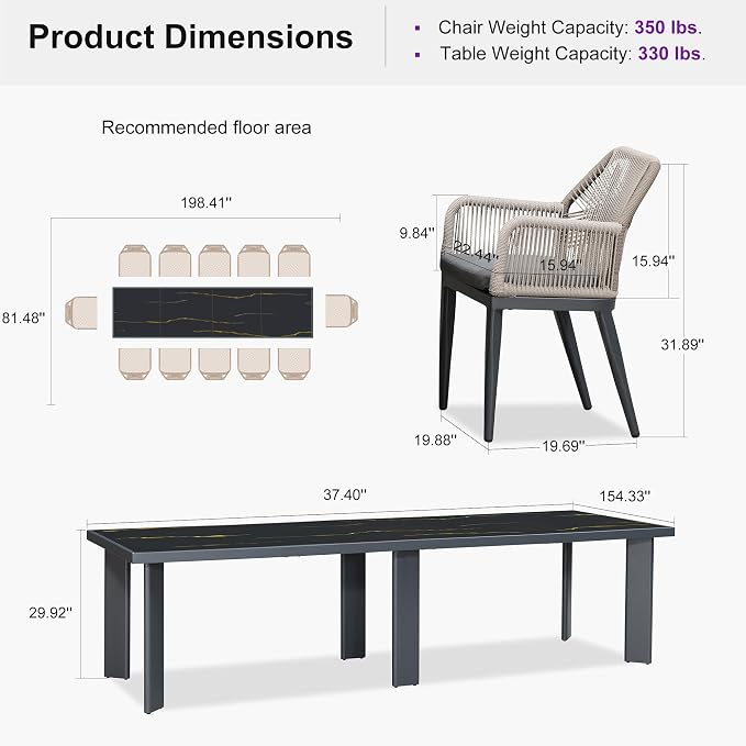 PURPLE LEAF 13 Pieces Patio Dining Set Aluminum Modern Rectangular Table and - Image 9