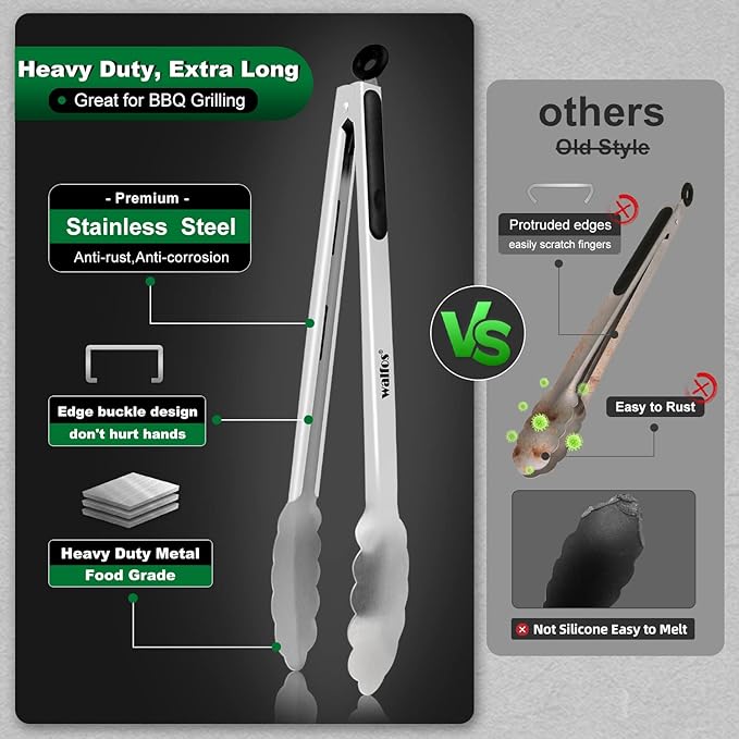 Stainless Steel Grill Tongs, 17 Inch, Set of 2 with Silicone Grips