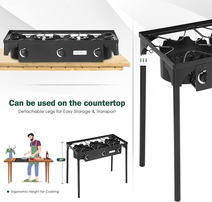 Goplus Outdoor Camping Stove, 3 Burner Propane Gas Cooker w/Detachable Legs & - Image 4