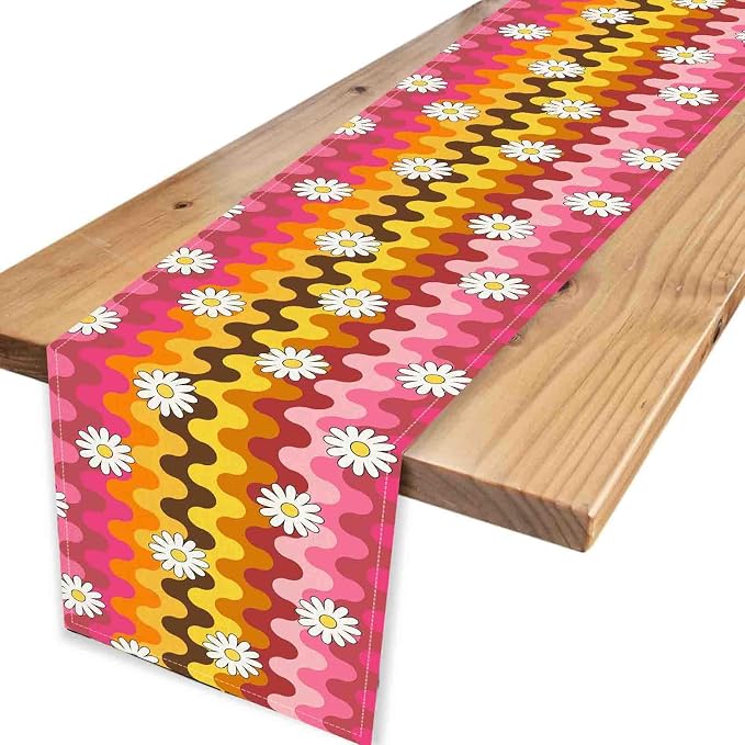 70s Table Runner, Retro Groovy Hippie Daisy Floral Pink Yellow Wave Funky - Image 4