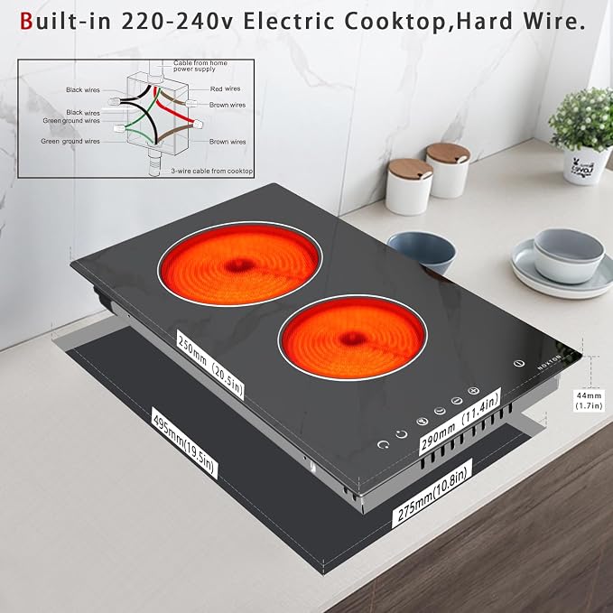 Noxton 2 Burner Electric Cooktop 12 Inch, Built-in Electric Radiant Ceramic - Image 6