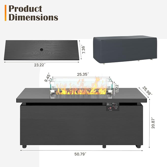 Sundale Outdoor 51 Inch Outdoor Fire Pit Table, 000BTU Rectangle Propane Fire - Image 7