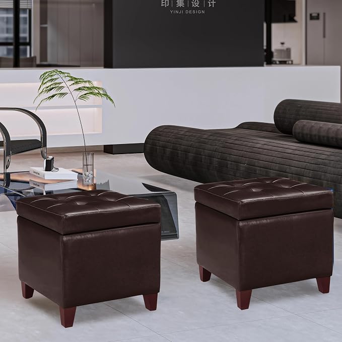 Homebeez Tufted Faux Leather Storage Ottoman Square Cube Foot Rest Stool - Image 5