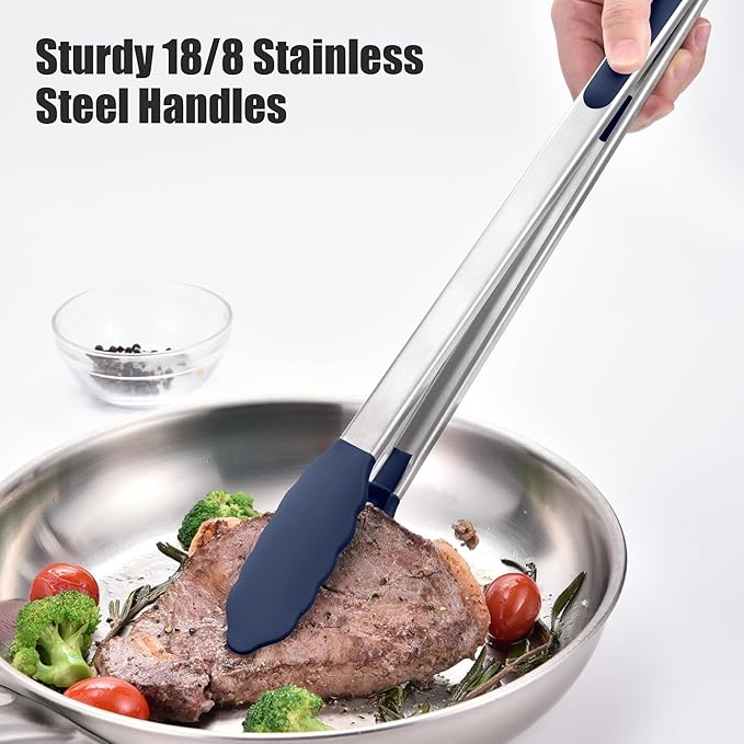 Tongs, 17.2-Inch Navy Blue Stainless Steel with 600°F Silicone Tips