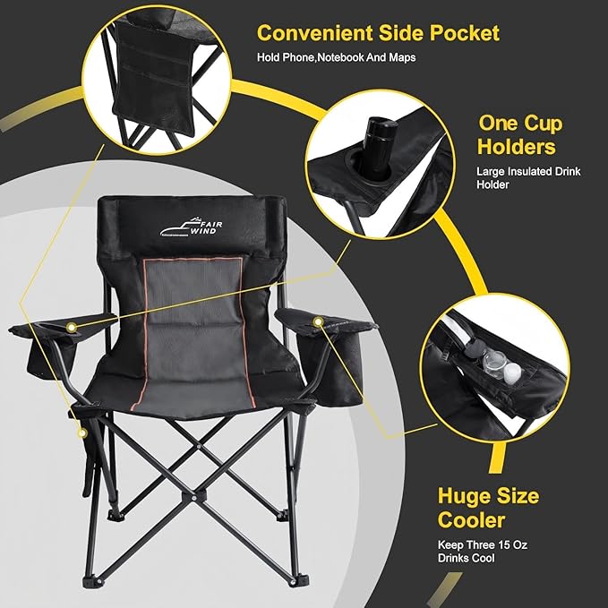 Camping Chair with Footrest, Padded Quad Fold Lounge Chair in Black