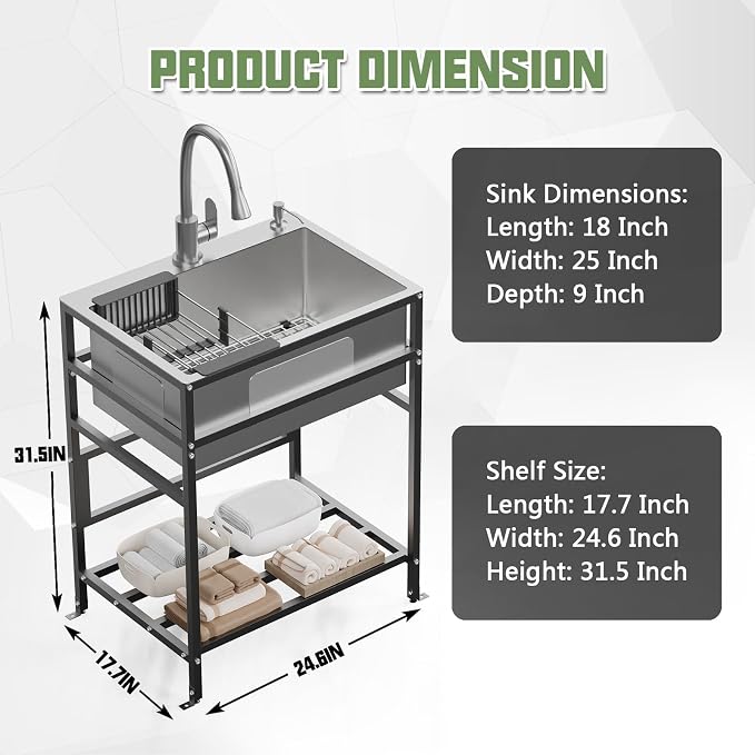 Utility Sink, 25x18 Inch Stainless Steel Freestanding Laundry Sink Practicality - Image 5