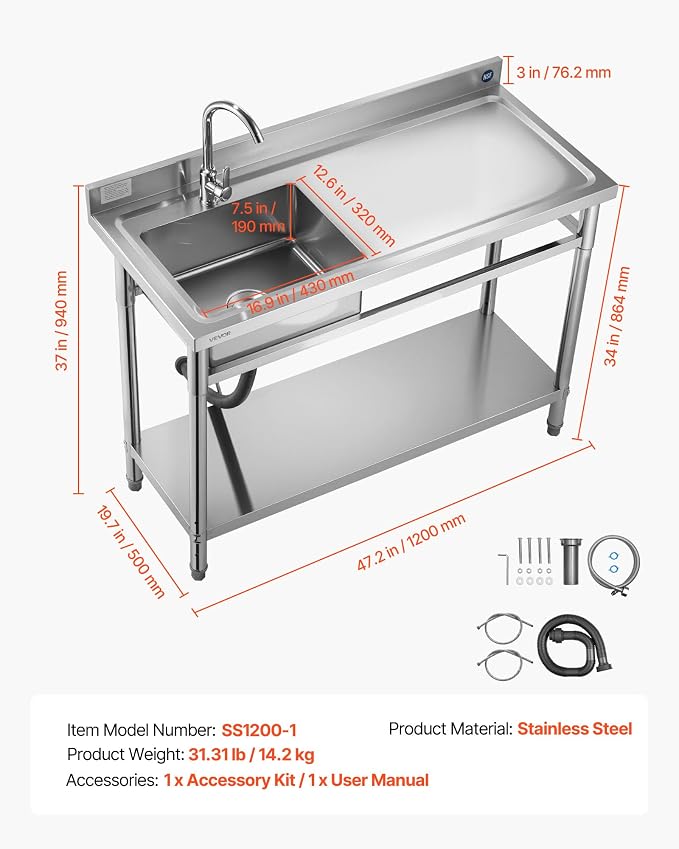 VEVOR Stainless Steel Utility Sink, Free Standing Single Bowl Commercial - Image 7