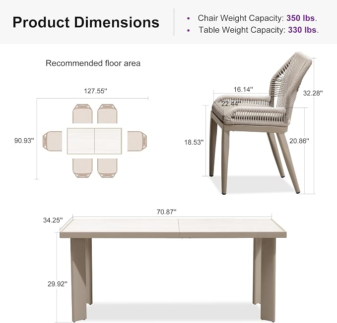 PURPLE LEAF 7 Pieces Patio Dining Set Aluminum Modern Rectangular Table and - Image 9