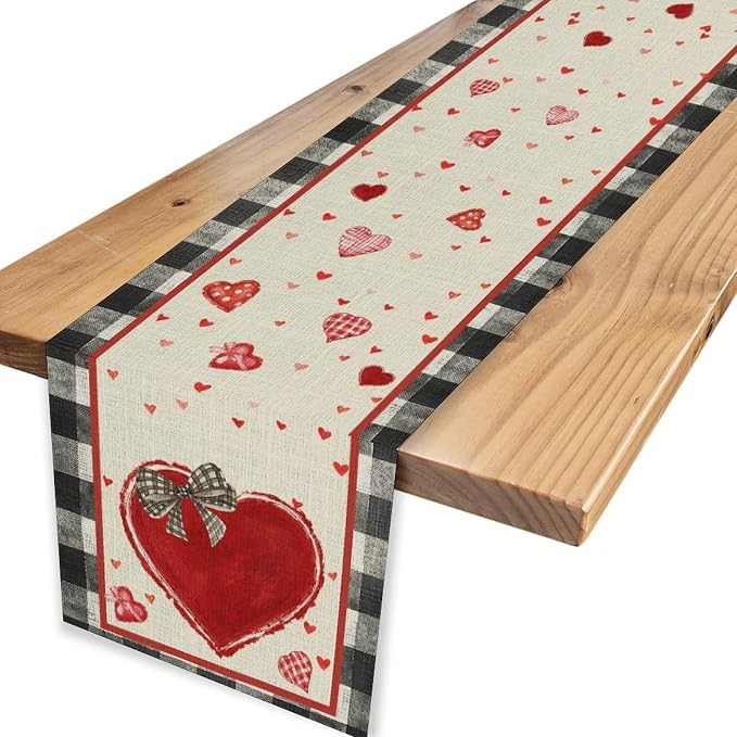 Valentines Day Table Runner, Vintage Red Black Heart Buffalo Plaid Valentines - Image 6
