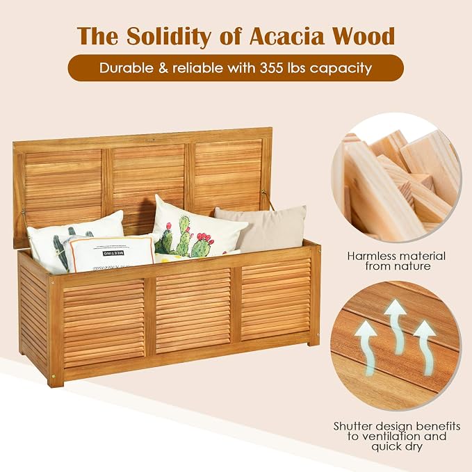 HAPPYGRILL 46 Gallon Acacia Wood Deck Box, Outdoor Storage Box Garden Tools Box - Image 6