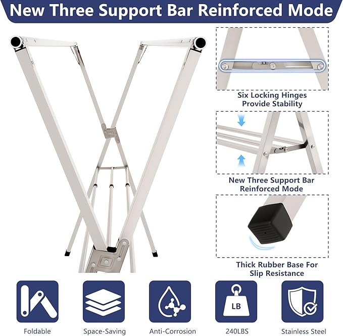 95 inches Foldable Clothes Drying Rack, Heavy Duty Stainless Steel Laundry - Image 5