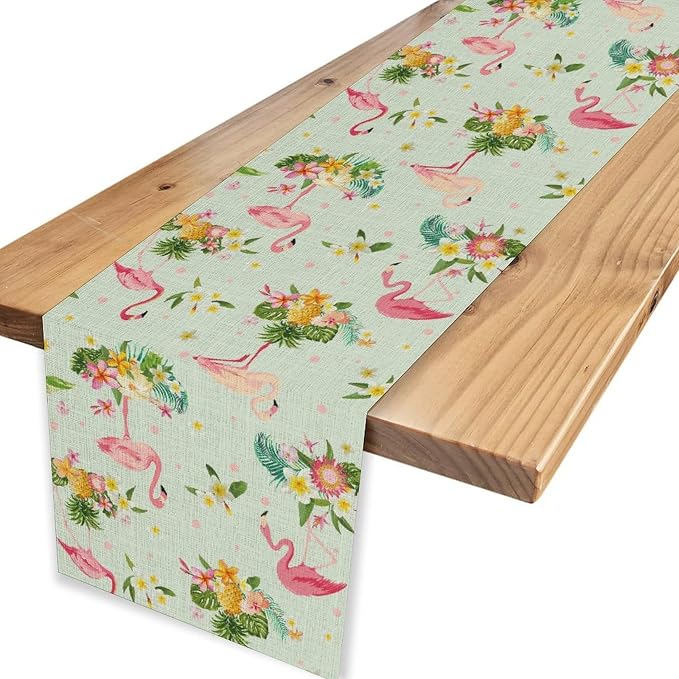 Tropical Flamingo Table Runner, Spring Summer Floral Dots Pineapples Hawaiian - Image 6