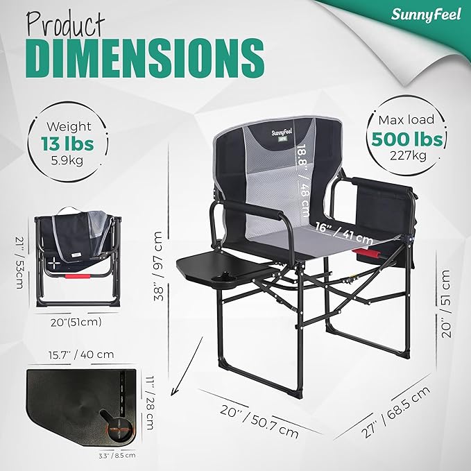 Folding Camp Chair, Oversized Heavy Duty, 500 lbs Capacity, Black