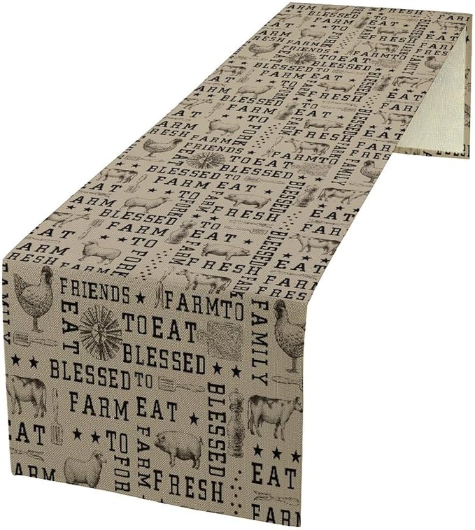Farmhouse Animal Table Runner, Vintage Country Cow Chicken Sheep Pig Rustic by JanJCurt
