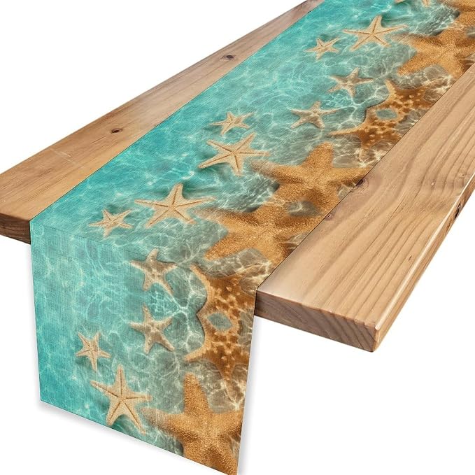 Summer Ocean Table Runner, Nautical Coastal Starfish Beach Seashell Ocean - Image 4