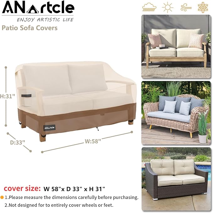 2-Seater Patio Loveseat Cover, 58W x 32.5D x 31H Inches Outdoor Couch Cover - Image 3