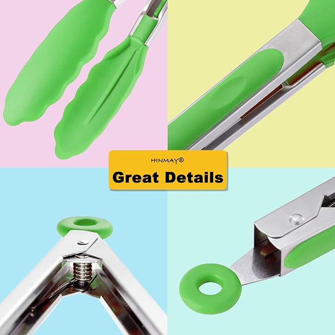 Tongs 9-Inch Green Silicone with Locking Stainless Steel, Pack of 3