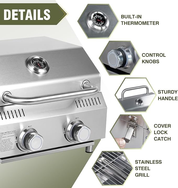 Bestfire Tabletop Gas Grill 2 Burners, 000 BTUs Stainless Steel Portable - Image 2
