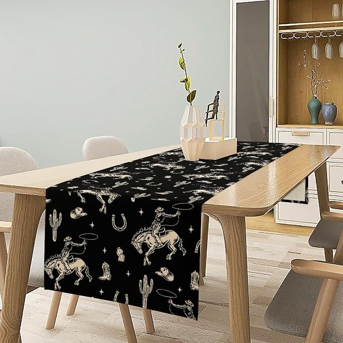 Vintage Western Cowboy Table Runner, Wild West Cowboy Riding Horse Desert - Image 3