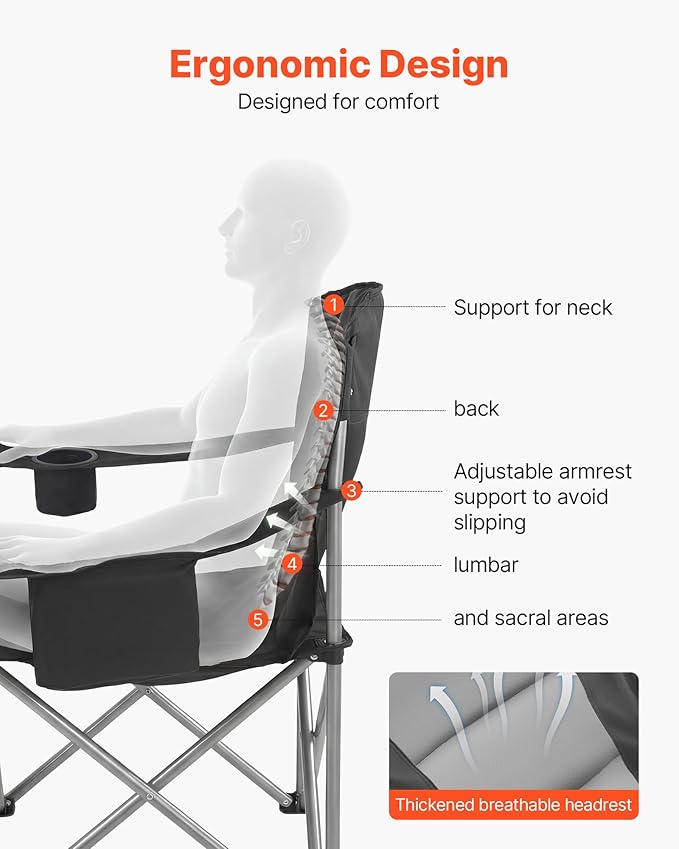 Folding Camping Chairs, Black 600D Oxford, 2-Pack