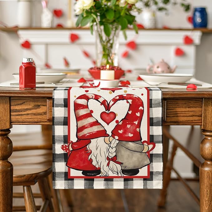 Artoid Mode Watercolor Hearts Gnomes Love Table Runner, Seasonal Anniversary - Image 2
