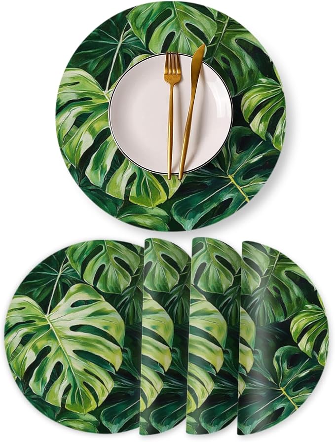 Faux Leather Placemats Set of 4, Tropical Green Leaves Ding Table Round by BaHomeck
