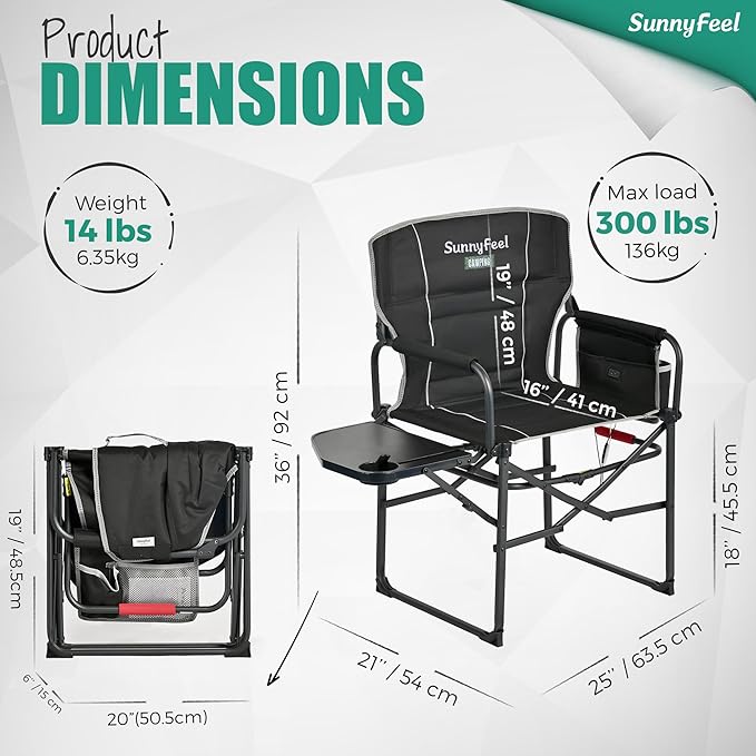 Camping Chair with Heated Seat, Side Table and Storage Pockets, Black