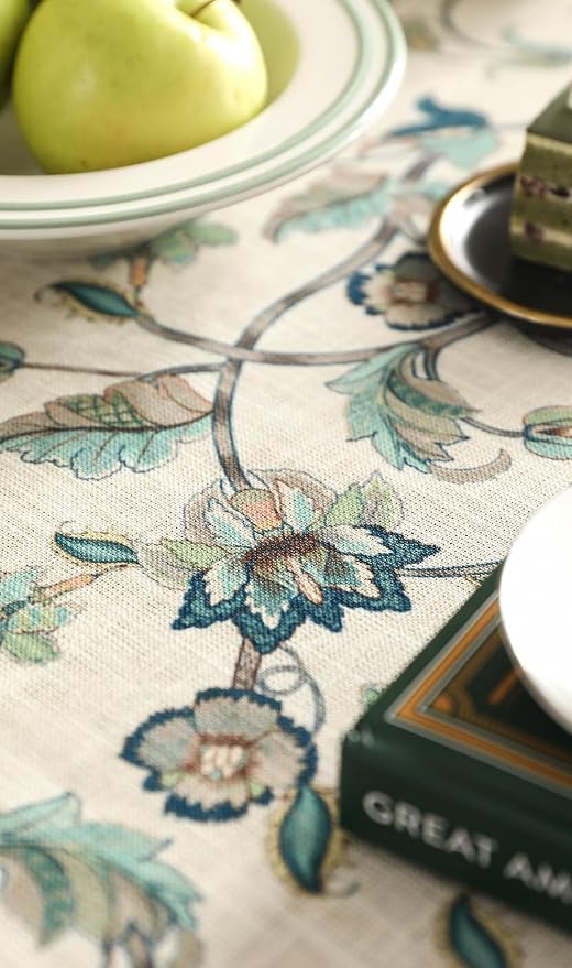 patdrea Designer Green Linen Extra Long Rectangle Tablecloth, Vintage Floral - Image 4