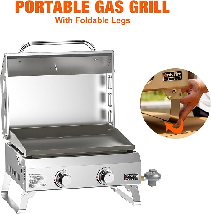 Tabletop Gas Griddle with Lid & Foldable Legs, 2-Burner BBQ Propane Flat Top - Image 5