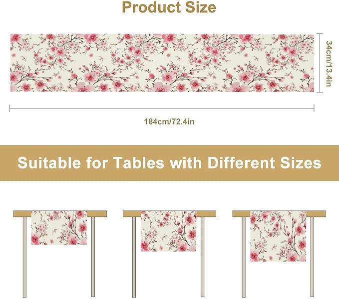 Cherry Flower Table Runner, Seasonal Spring Cherry Blossoms Branches Watercolor - Image 8