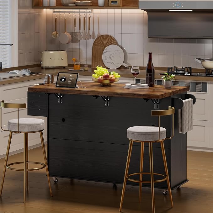 60" Kitchen Island with Power Outlet & Drop Leaf, Kitchen Rolling Island with - Image 9