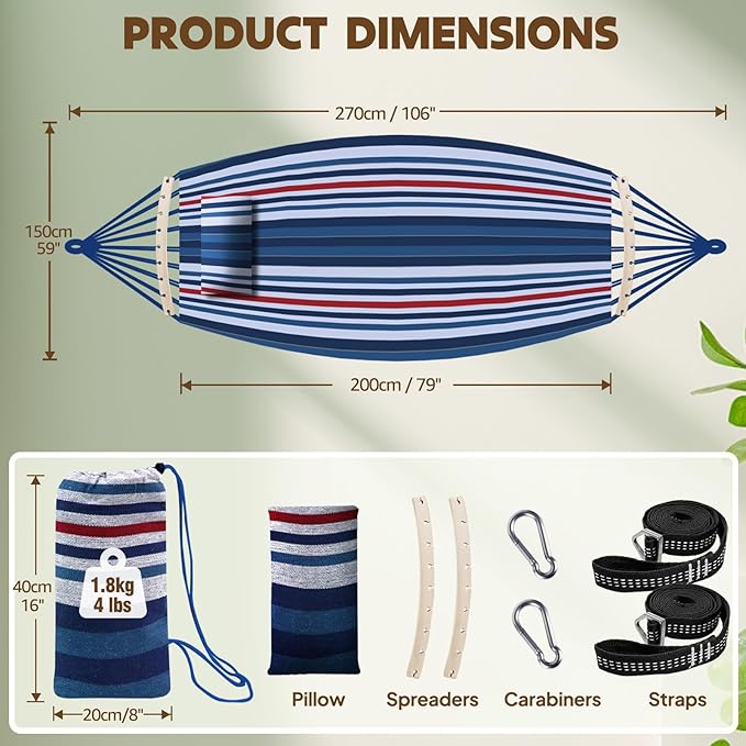 Hammocks with Spreader Bars, Detachable Pole and Cotton Stripes