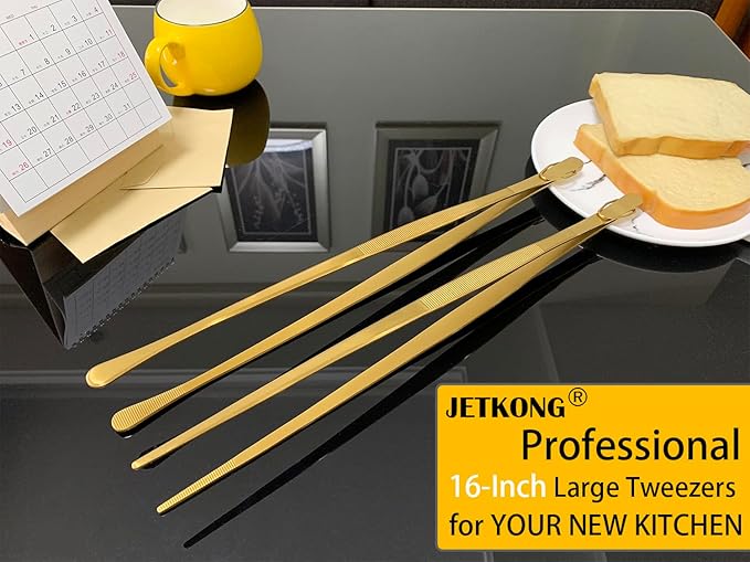 Tongs 16-Inch Extra Long Stainless Steel Gold Cooking Tweezers, 2 Pack