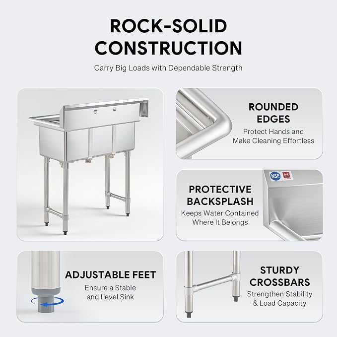WILPREP 3-Compartment Sink, Freestanding Triple Bowl Utility Sink, Work Station - Image 6