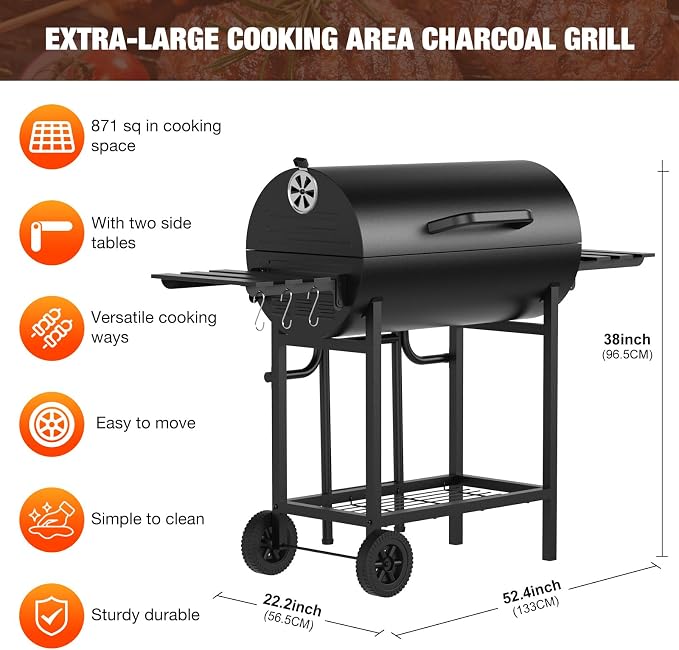 Extra Large Charcoal Barbecue Grill, 871 Sq. In. Cooking Space, Outdoor Barrel - Image 2