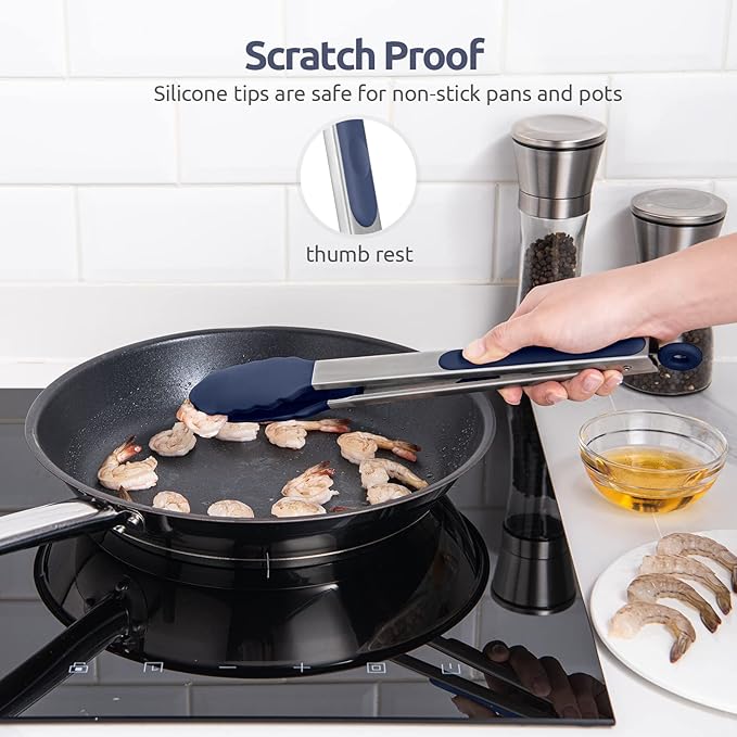 Tongs with Silicone Tips, Locking Stainless Steel, Midnight Blue
