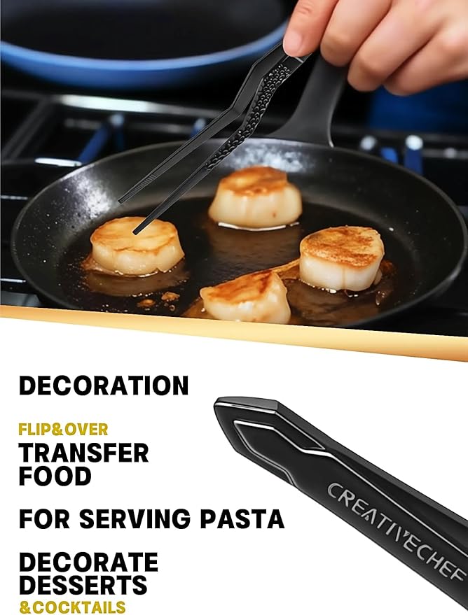 Tongs Set, 2-Piece Black Stainless Steel Tweezers and Grill Tongs, 10 Inch