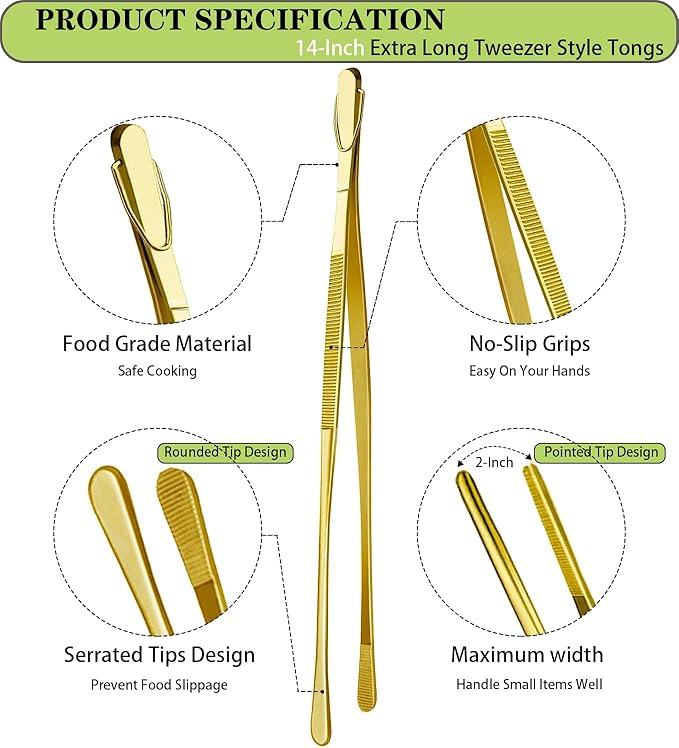 Tongs, 2 Pack 14-Inch Stainless Steel Gold Long Kitchen Tongs